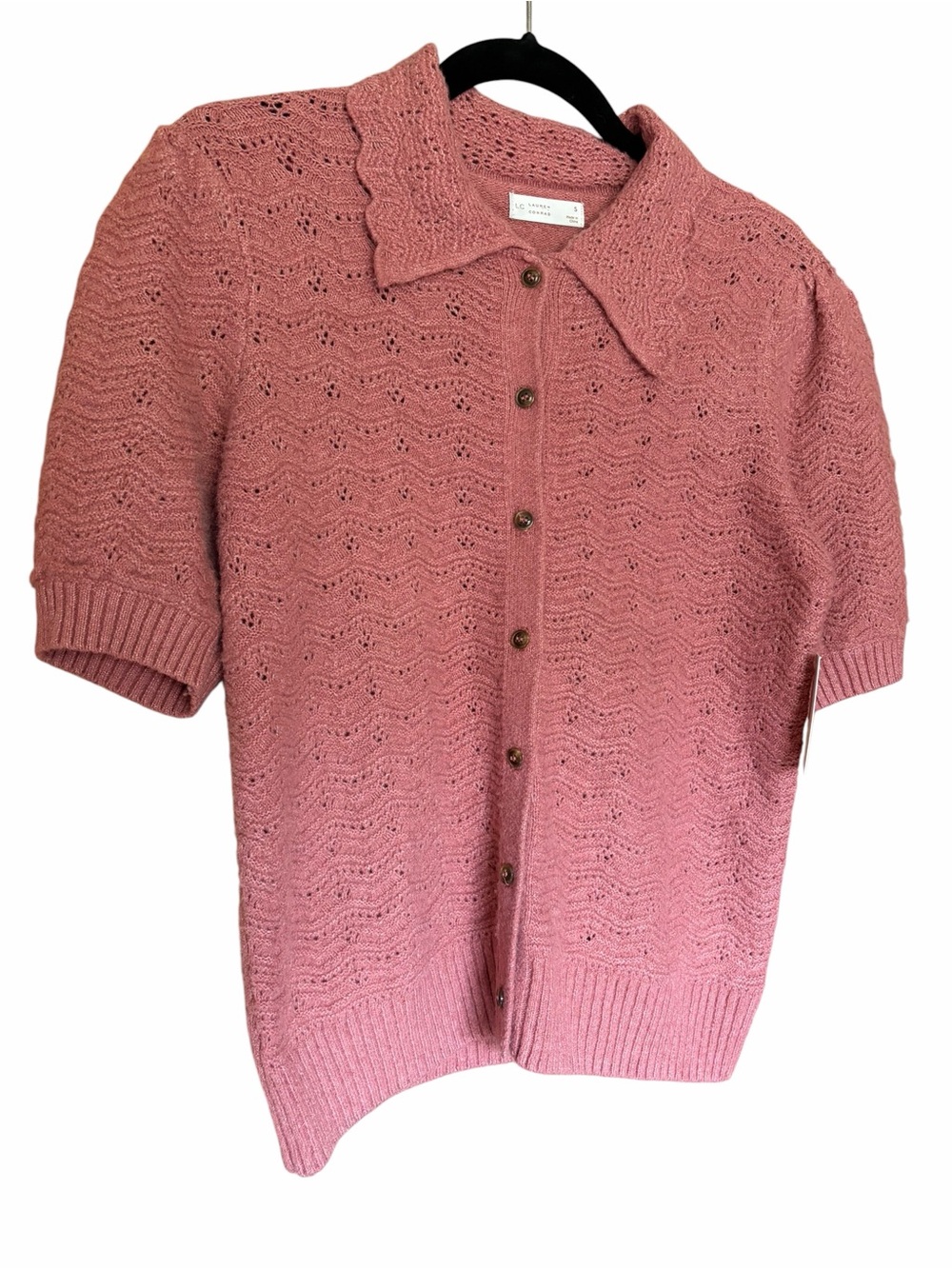 Cottagecore Short-Sleeve Pointelle Cardigan in Dusty Rose